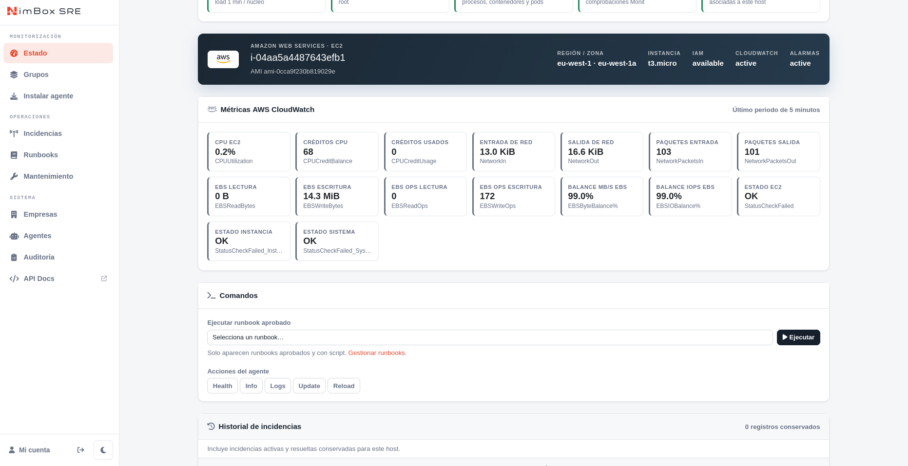Ficha de host EC2 en Nimbox SRE con identidad AWS y métricas de CloudWatch