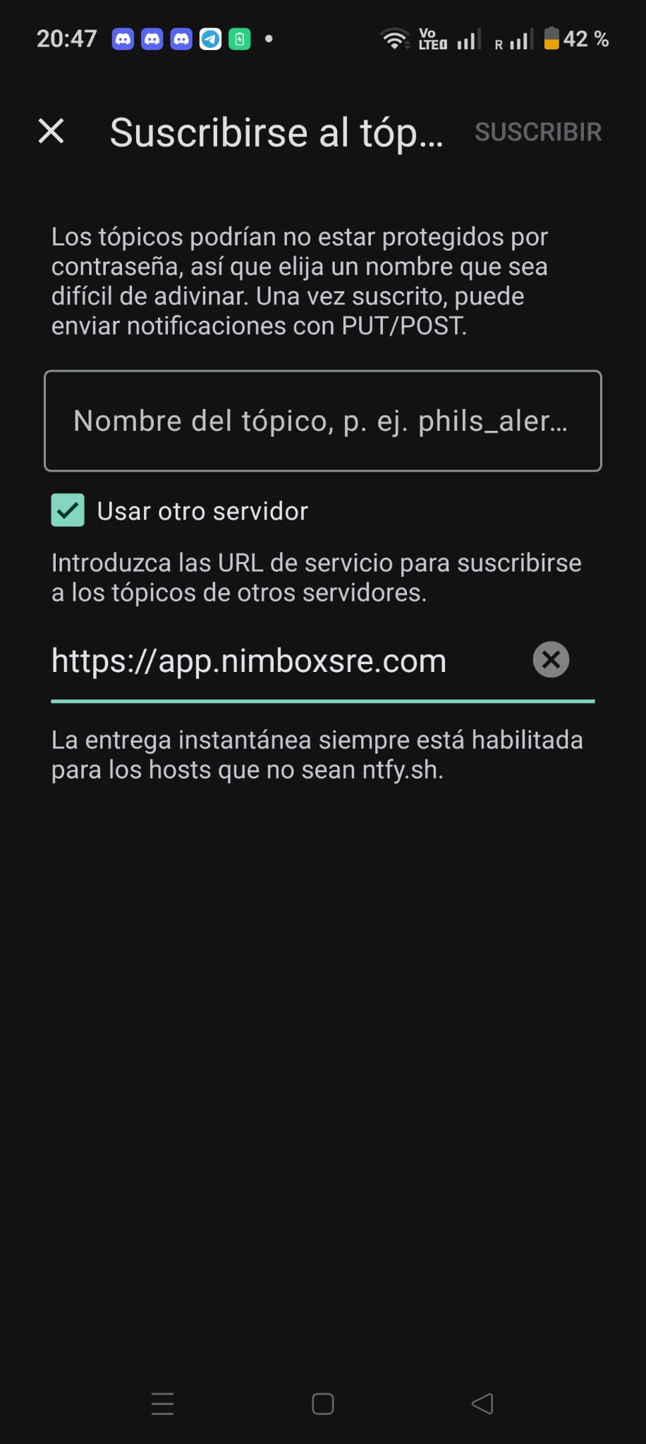 Pantalla de ntfy para añadir el tópico y usar el servidor de Nimbox SRE
